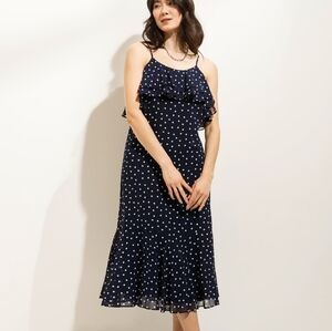NWT RICKIS navy blue polkadot chiffon flutter sleeveless maxi dress. Size XL